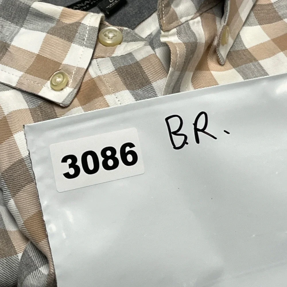 Banana Republic Button Down Shirt Men Large Tan Gray Gingham‎ Flannel Slim Fit